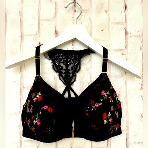 Cacique Bra: Black Floral Embroidered Lace Racerback Bra – Push-Up / Front-Close